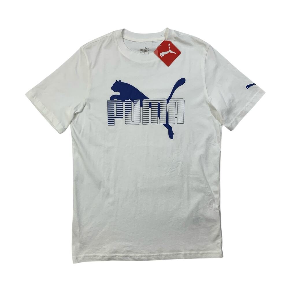 Puma Shirt Mens S Small White Royal Blue Screen Time Tee Crew Neck Graphic
